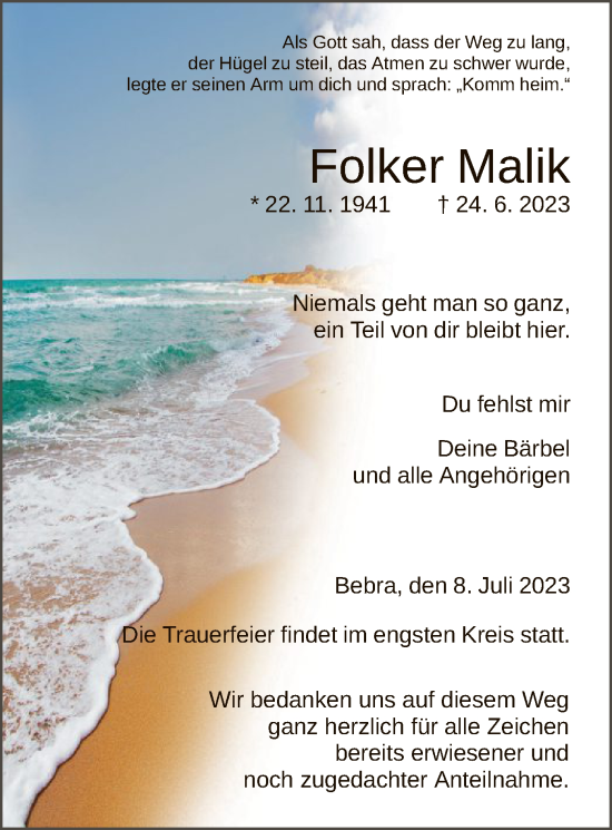 Traueranzeige von Folker Malik von HNA