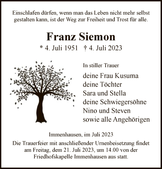 Traueranzeige von Franz Siemon von HNA