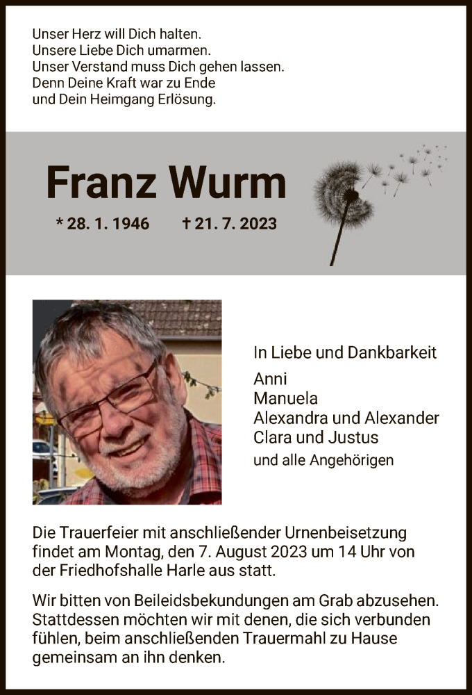  Traueranzeige für Franz Wurm vom 29.07.2023 aus HNA