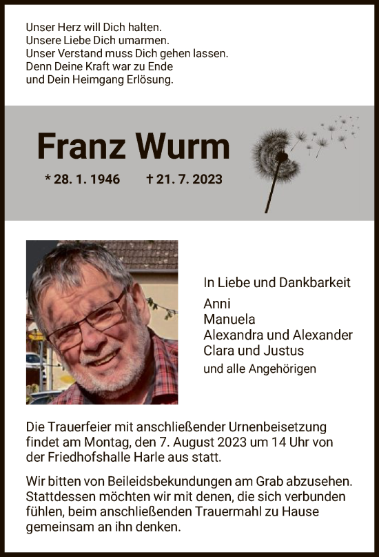 Traueranzeige von Franz Wurm von HNA