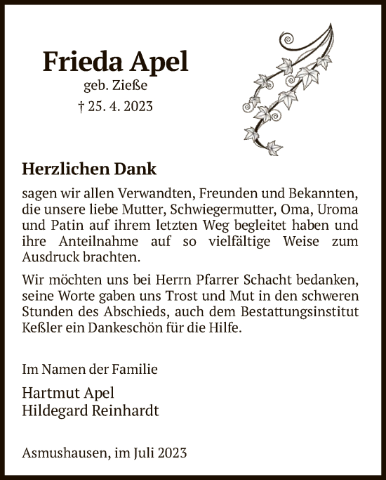 Traueranzeige von Frieda Apel von HNA