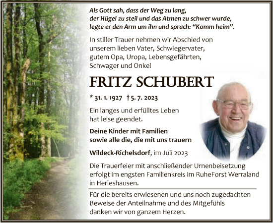 Traueranzeige von Fritz Schubert von HNA