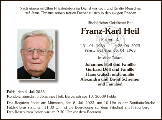 Traueranzeige von Frranz-Karl Heil von HNA