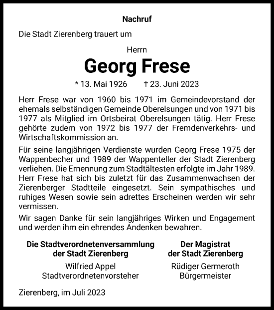 Traueranzeige von Georg Frese von HNA