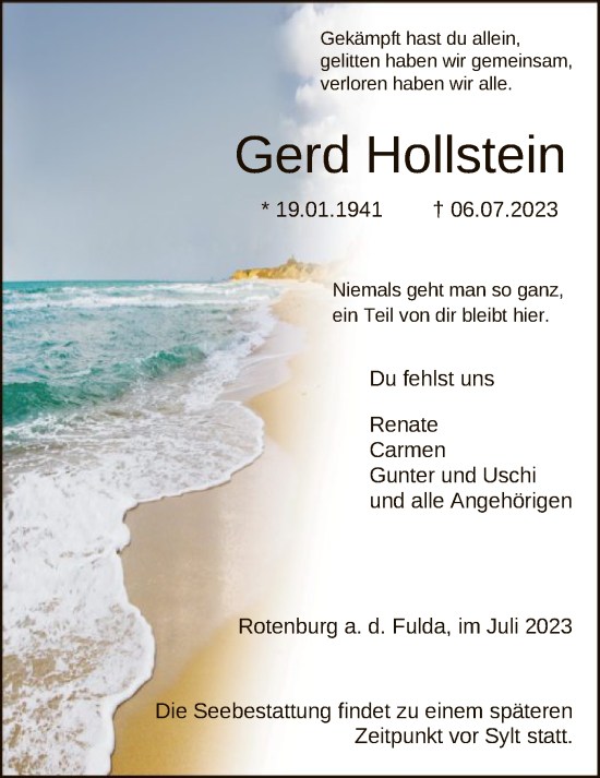 Traueranzeige von Gerd Hollstein von HNA