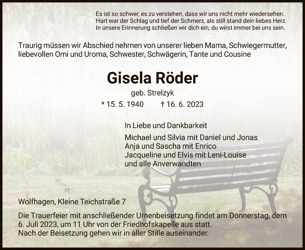  Traueranzeige für Gisela Röder vom 01.07.2023 aus HNA