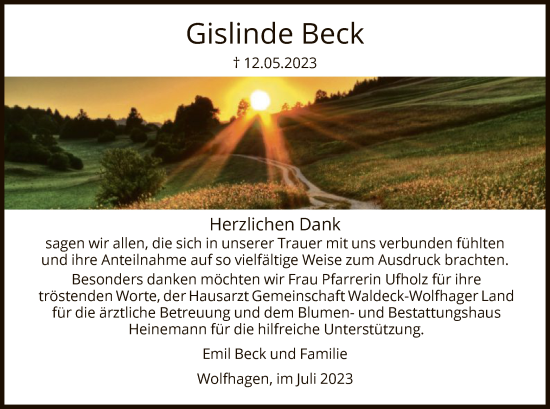 Traueranzeige von Gislinde Beck von HNA