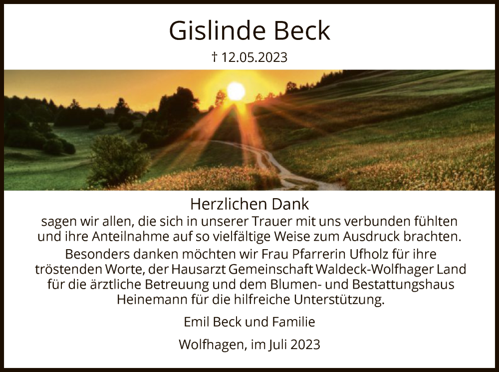  Traueranzeige für Gislinde Beck vom 15.07.2023 aus HNA