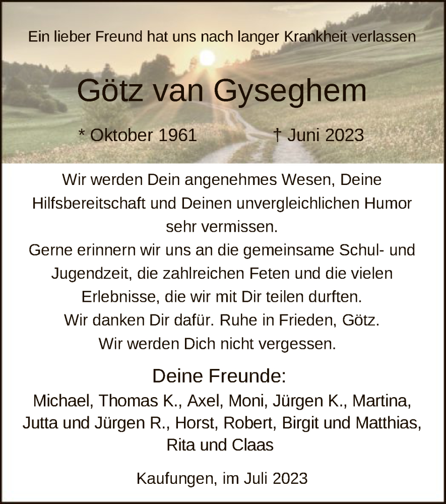  Traueranzeige für Götz van Gyseghem vom 08.07.2023 aus HNA
