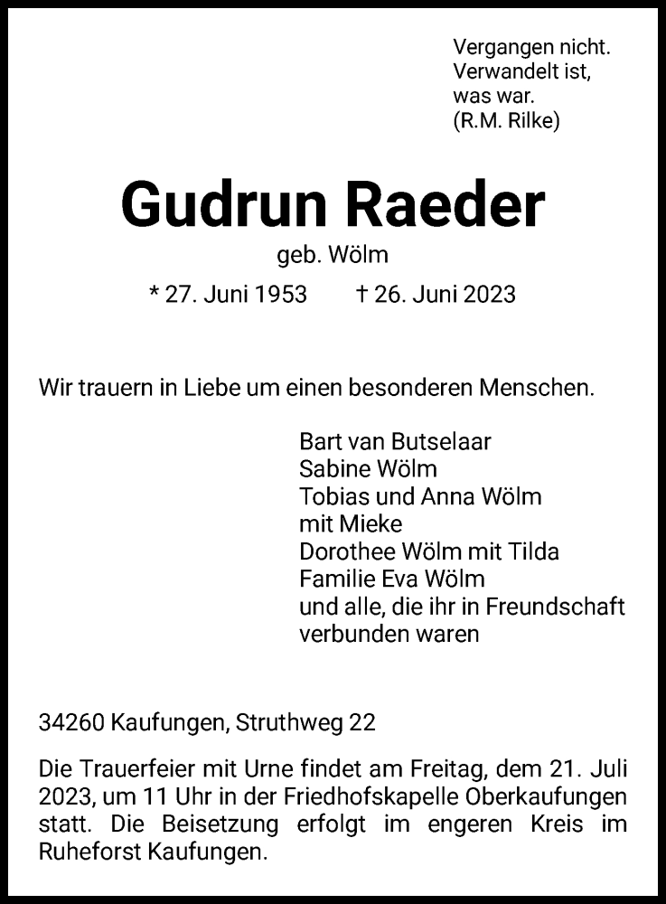  Traueranzeige für Gudrun Raeder vom 08.07.2023 aus HNA