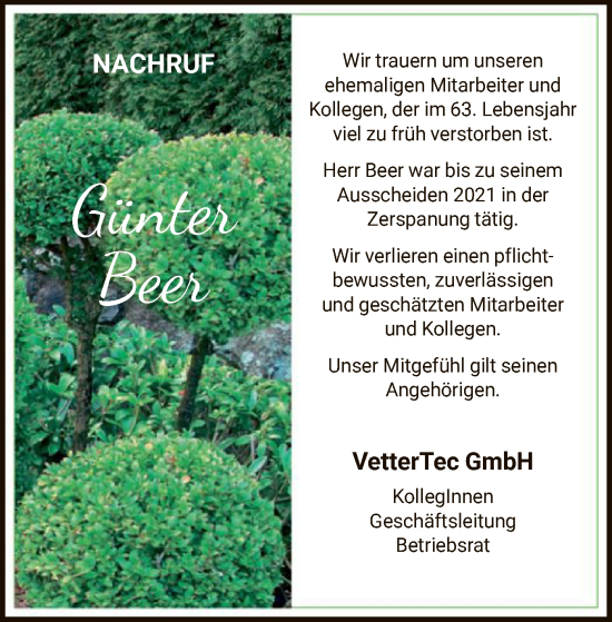 Traueranzeige von Günter Beer von HNA