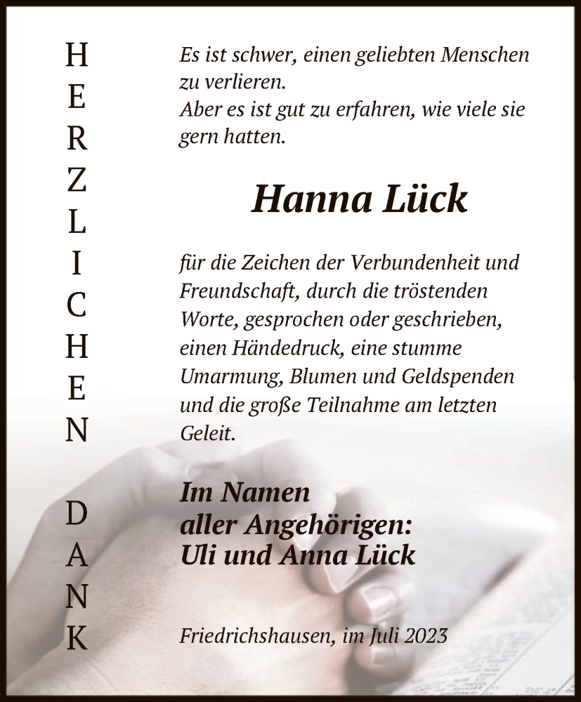  Traueranzeige für Hanna Lück vom 11.07.2023 aus HNA