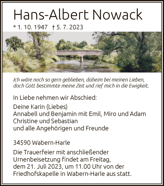 Traueranzeige von Hans-Albert Nowack von HNA