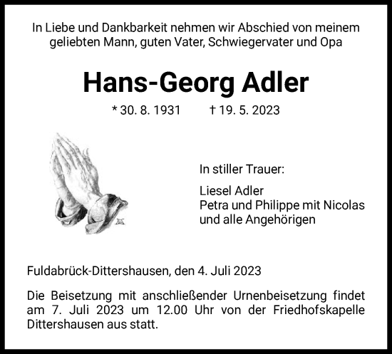 Traueranzeige von Hans-Georg Adler von HNA