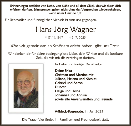 Traueranzeige von Hans-Jörg Wagner von HNA