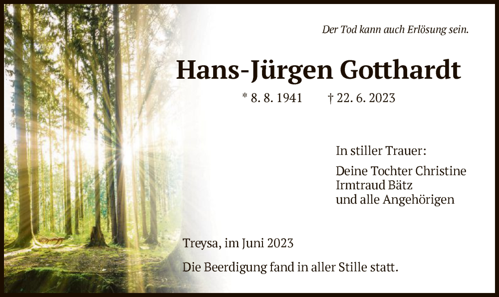  Traueranzeige für Hans-Jürgen Gotthardt vom 01.07.2023 aus HNA