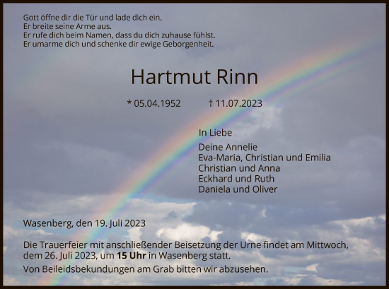 Traueranzeige von Hartmut Rinn von HNA