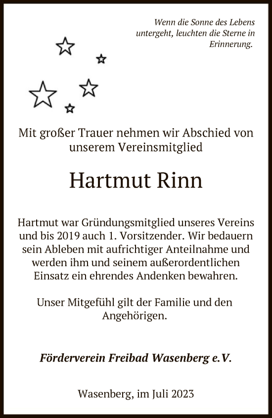 Traueranzeige von Hartmut Rinn von HNA