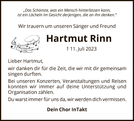 Traueranzeige von Hartmut Rinn von HNA