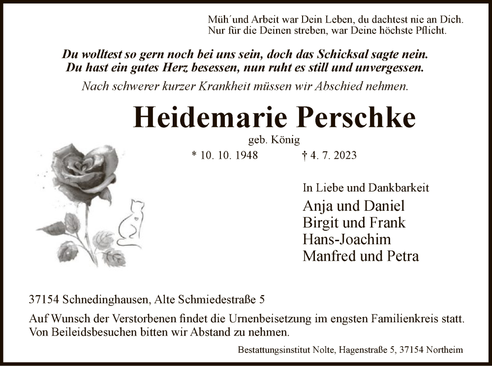 Traueranzeige für Heidemarie Perschke vom 08.07.2023 aus HNA
