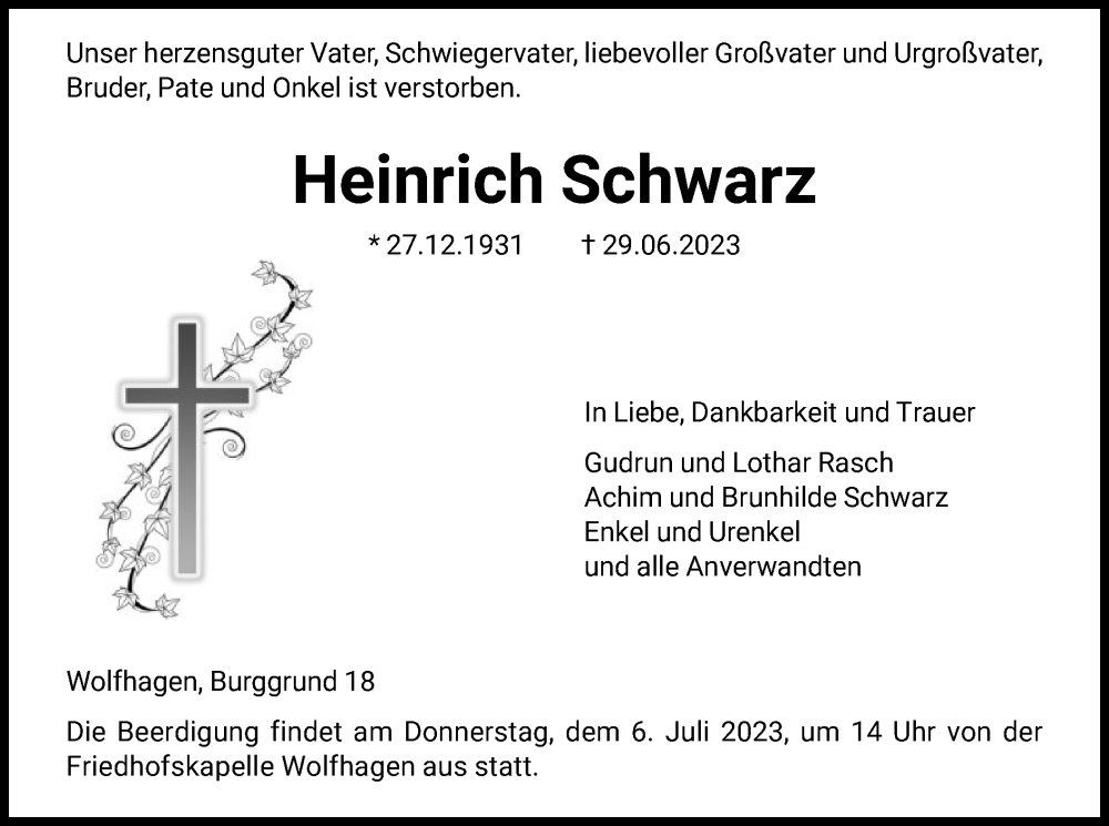  Traueranzeige für Heinrich Schwarz vom 01.07.2023 aus HNA
