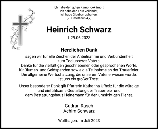 Traueranzeige von Heinrich Schwarz von HNA