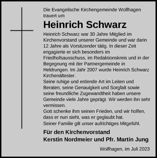 Traueranzeige von Heinrich Schwarz von HNA