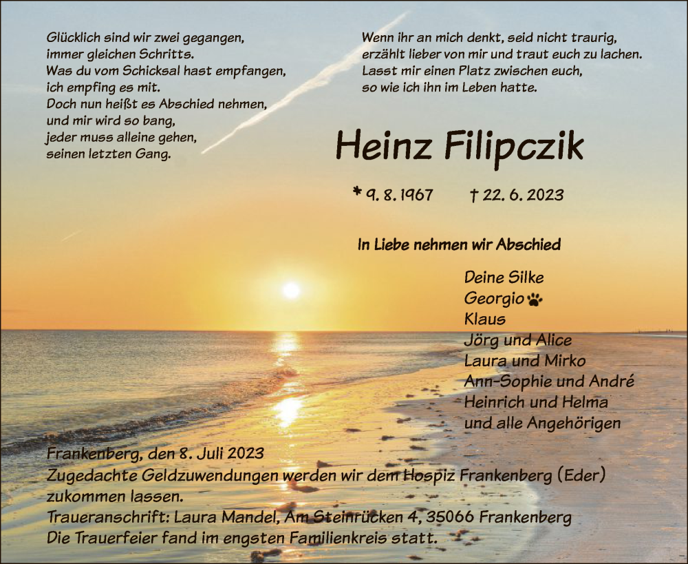  Traueranzeige für Heinz Filipczik vom 08.07.2023 aus HNA