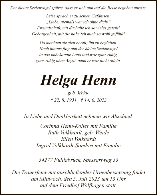 Traueranzeige von Helga Henn von HNA