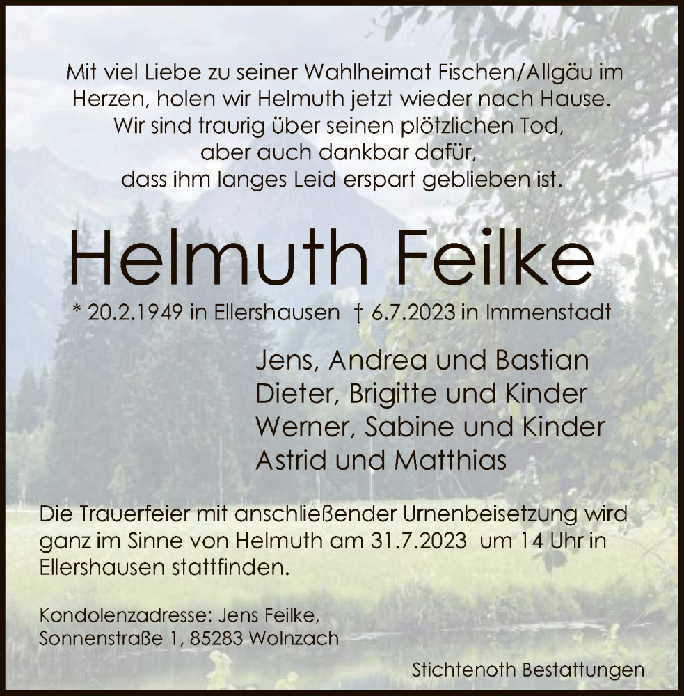  Traueranzeige für Helmuth Feilke vom 22.07.2023 aus HNA