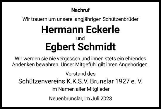 Traueranzeige von Hermann Eckerle und Egbert Schmidt  von HNA