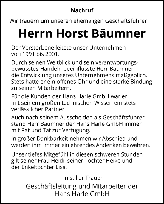 Traueranzeige von Horst Bäumner von HNA