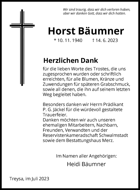 Traueranzeige von Horst Bäumner von HNA