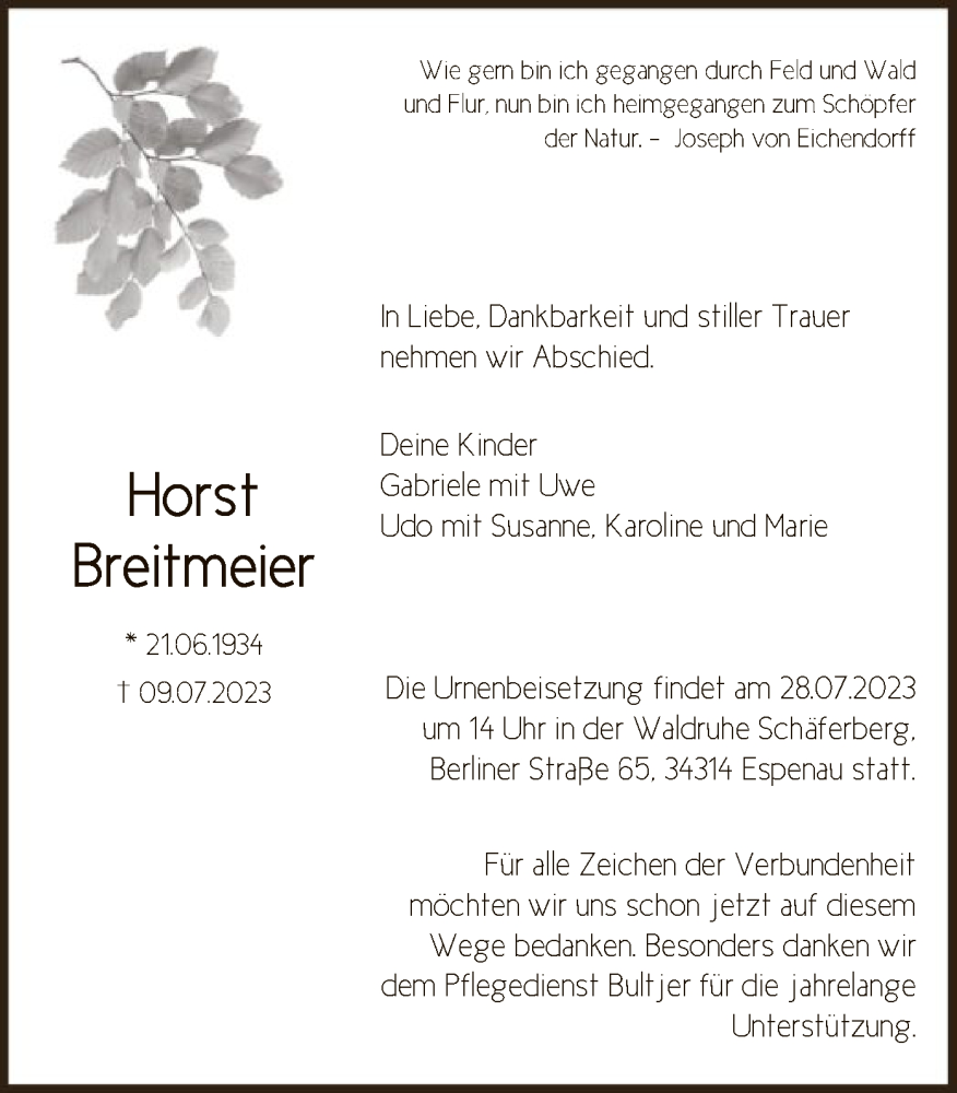  Traueranzeige für Horst Breitmeier vom 22.07.2023 aus HNA