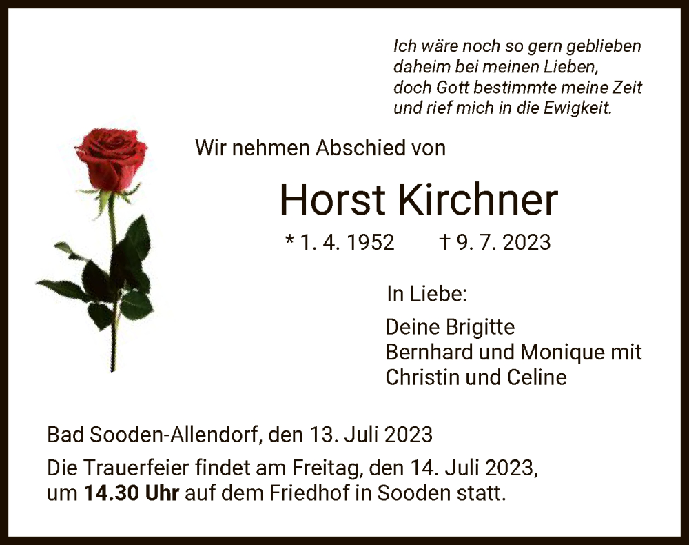  Traueranzeige für Horst Kirchner vom 13.07.2023 aus HNA