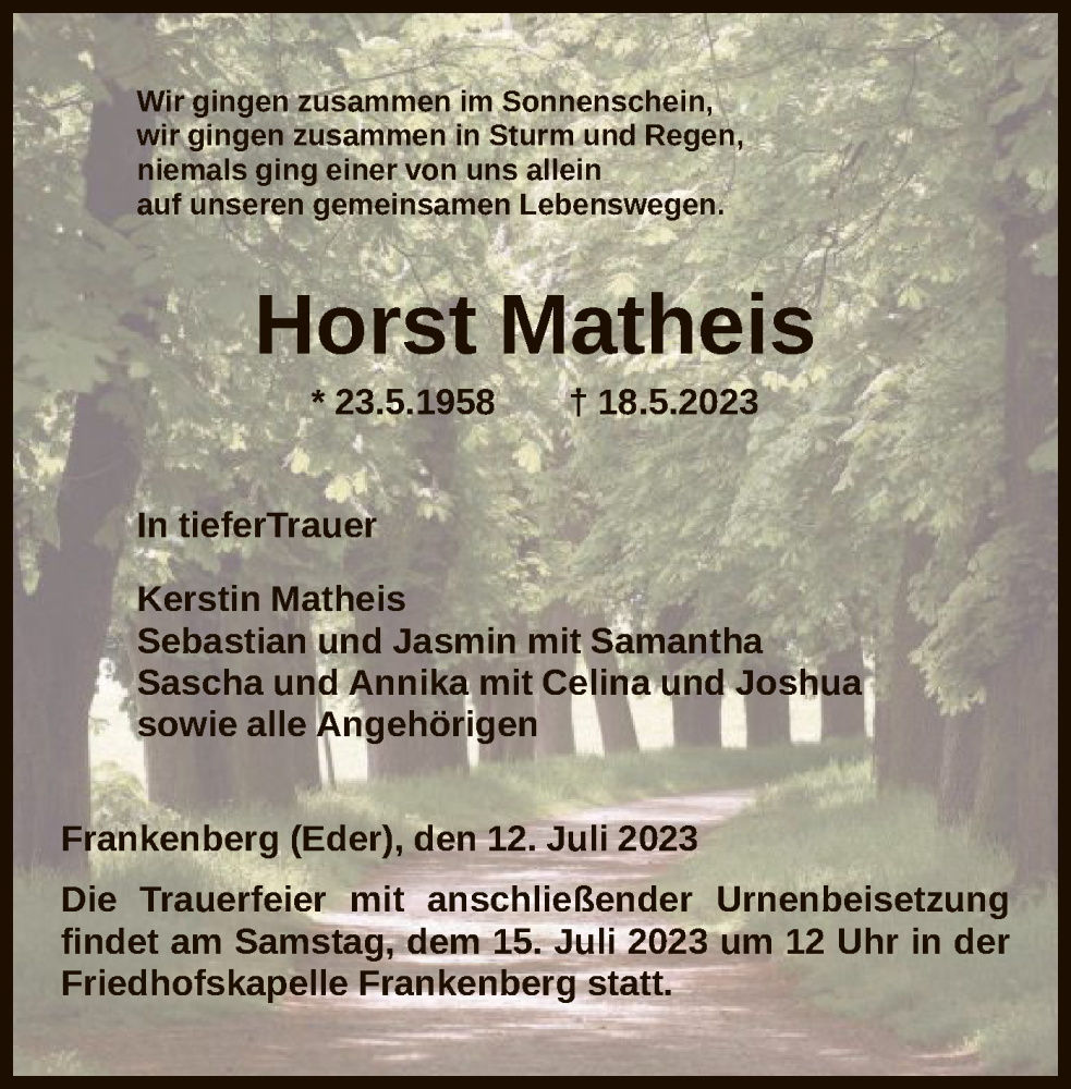  Traueranzeige für Horst Matheis vom 12.07.2023 aus HNA