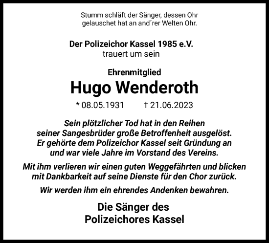 Traueranzeige von Hugo Wenderoth von HNA