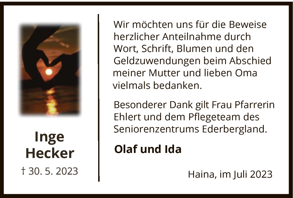  Traueranzeige für Inge Hecker vom 08.07.2023 aus HNA