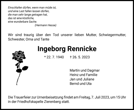 Traueranzeige von Ingeborg Rennicke von HNA