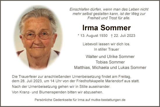 Traueranzeige von Irma Sommer von HNA