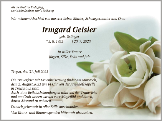 Traueranzeige von Irmgard Geisler von HNA