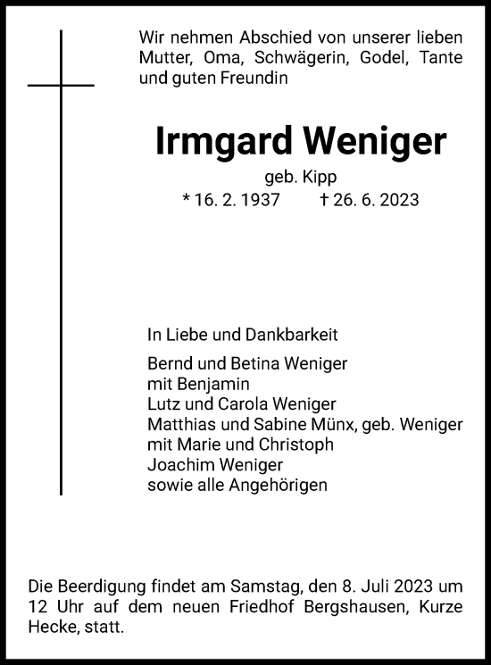 Traueranzeige von Irmgard Weniger von HNA