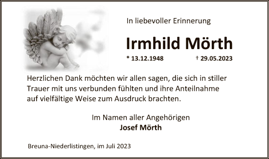 Traueranzeige von Irmhild Mörth von HNA