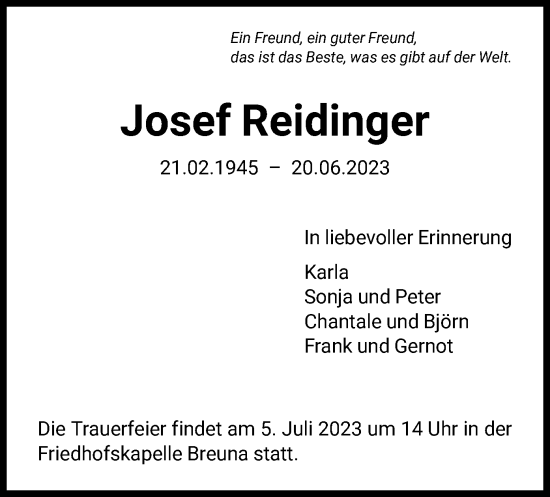 Traueranzeige von Josef Reidinger von HNA