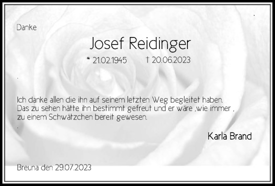 Traueranzeige von Josef Reidinger von HNA