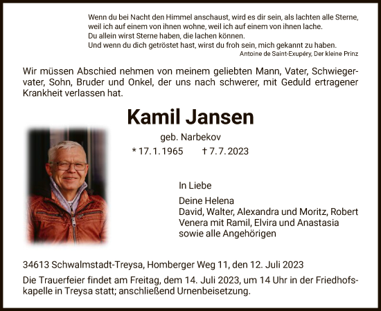 Traueranzeige von Kamil Jansen von HNA