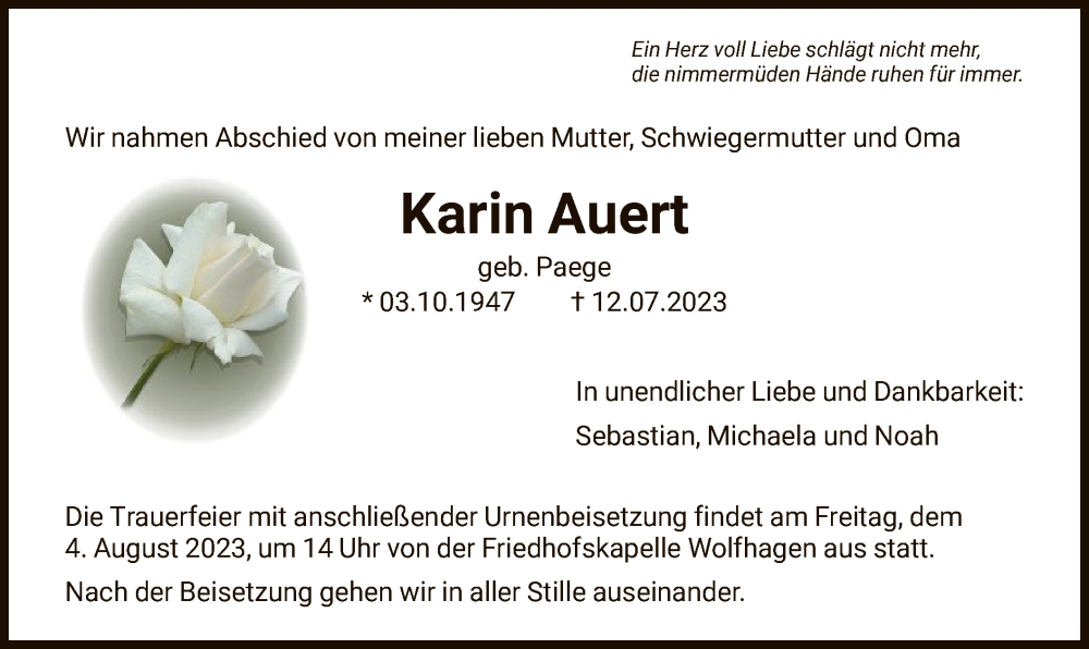  Traueranzeige für Karin Auert vom 29.07.2023 aus HNA