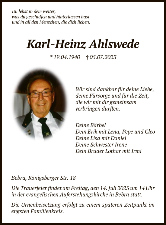 Traueranzeige von Karl-Heinz Ahlswede von HNA