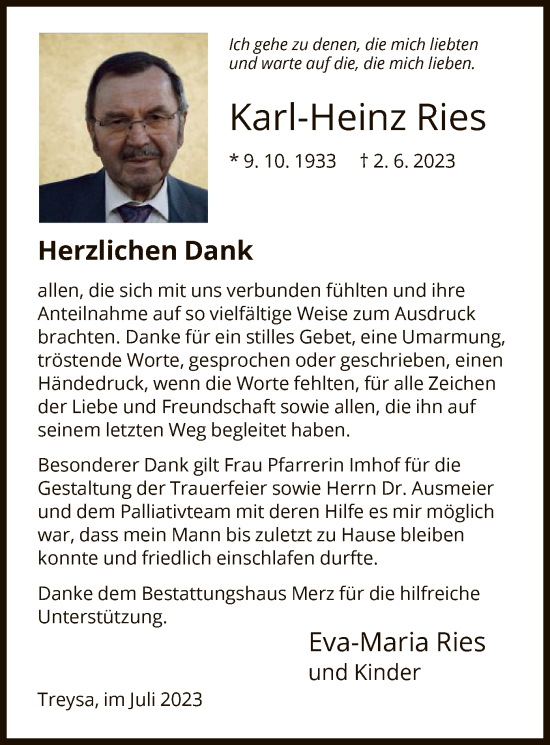 Traueranzeige von Karl-Heinz Ries von HNA