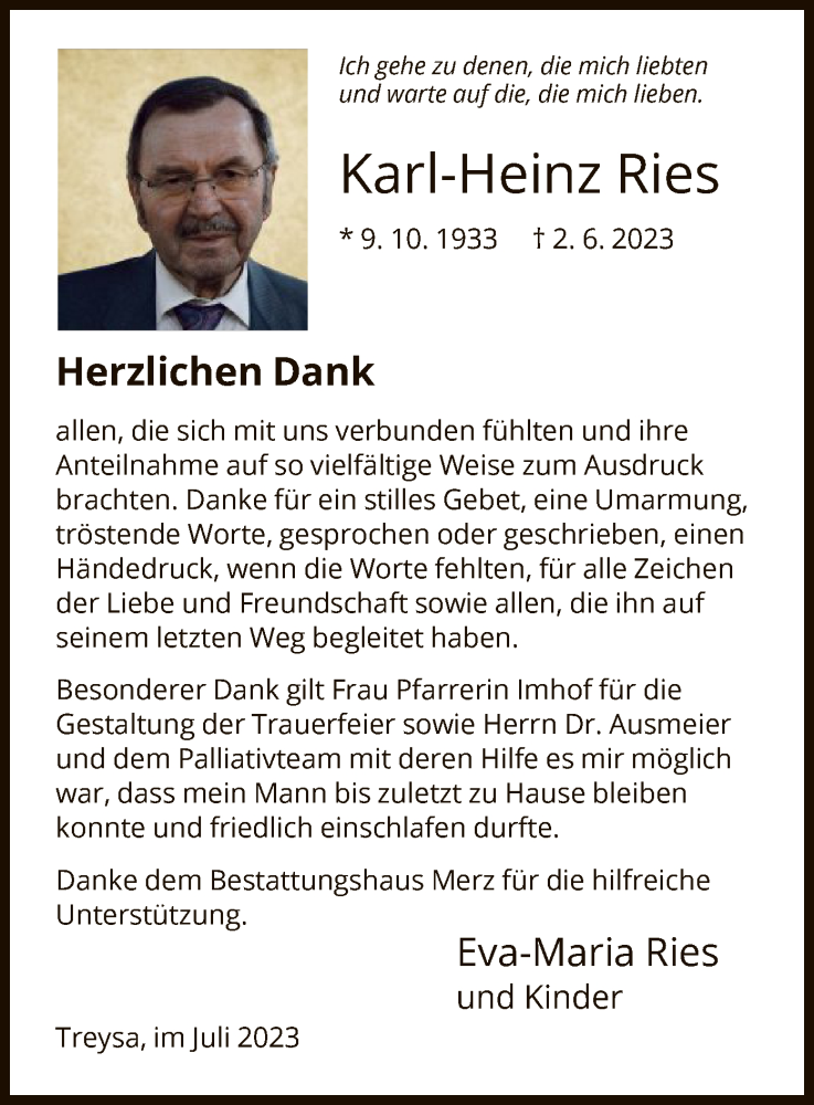  Traueranzeige für Karl-Heinz Ries vom 08.07.2023 aus HNA